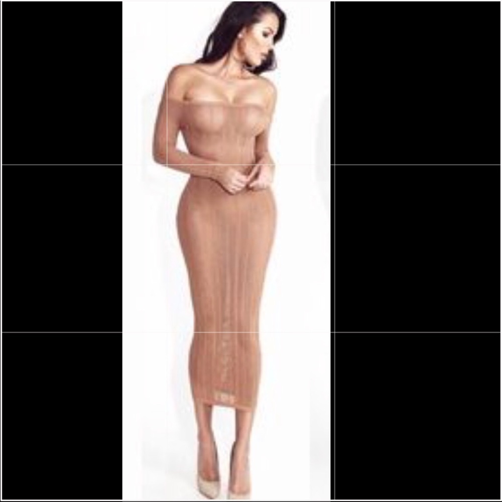 Tan crochet knit off the shoulder dress